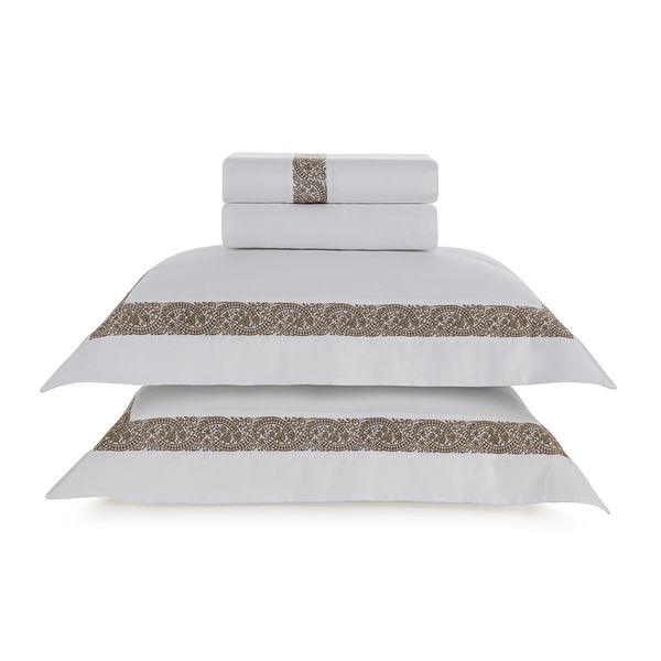 Jogo de Cama Queen 300 Fios Rosaria Branco/Marrone